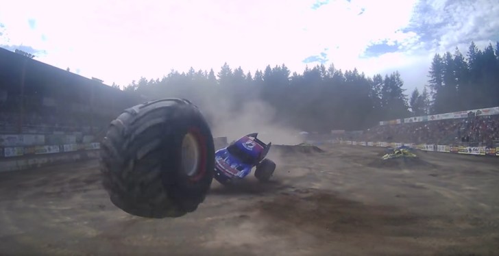 Monster Truck Flings Wheel Into Car Park During Performance In Terrifying Video